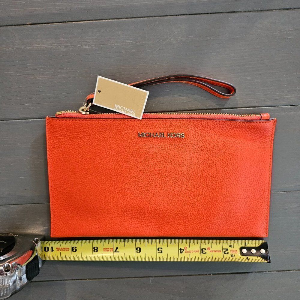 Michael Kors Orange Leather Jet Setter Large Zip Clutch Wristlet For Women's